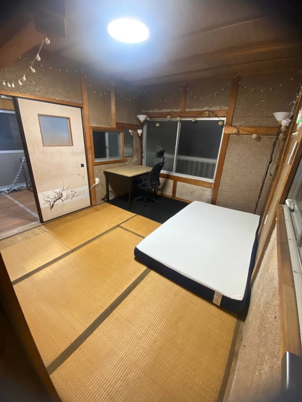 The Den at the Kaizen Dojo unfurnished, showing bare tatami flooring, exposed structural timber and the sliding door to the garden.
